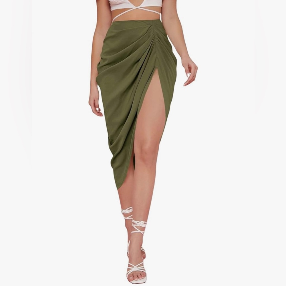 Wdirara High-waist Draped Midi Skirt with Front Split | Olive Green | Size Small